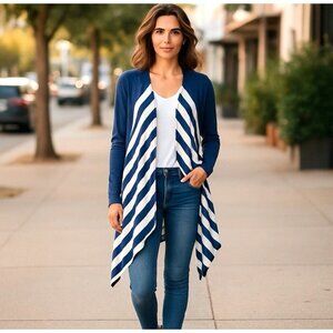 NEW! J Jill Open Front Knit Linen Blend Waterfall Cardigan Striped Blue White XS